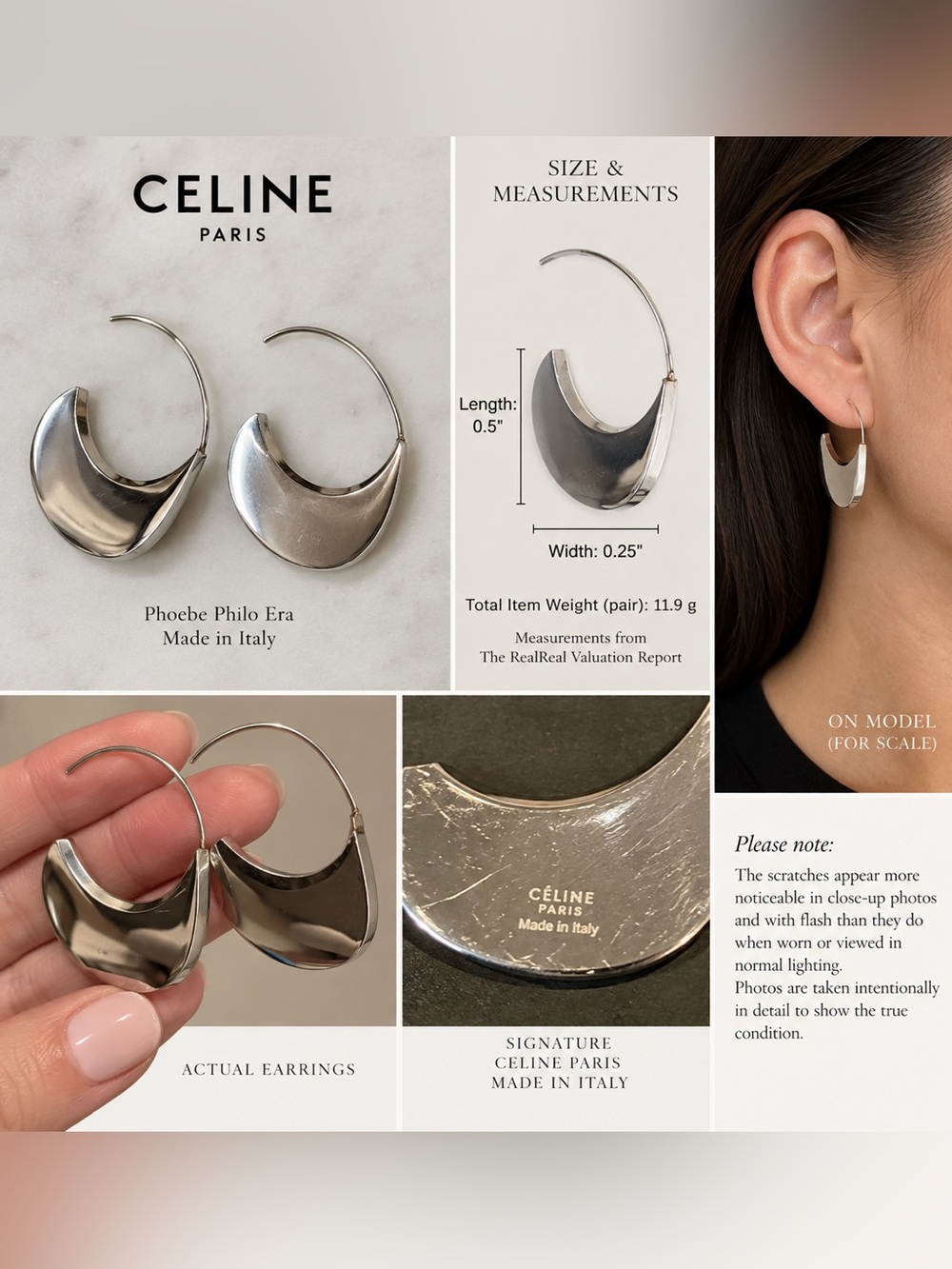 Celine Phoebe Philo Silver-Tone Sculptural Drop Hoop Earrings Made in Italy